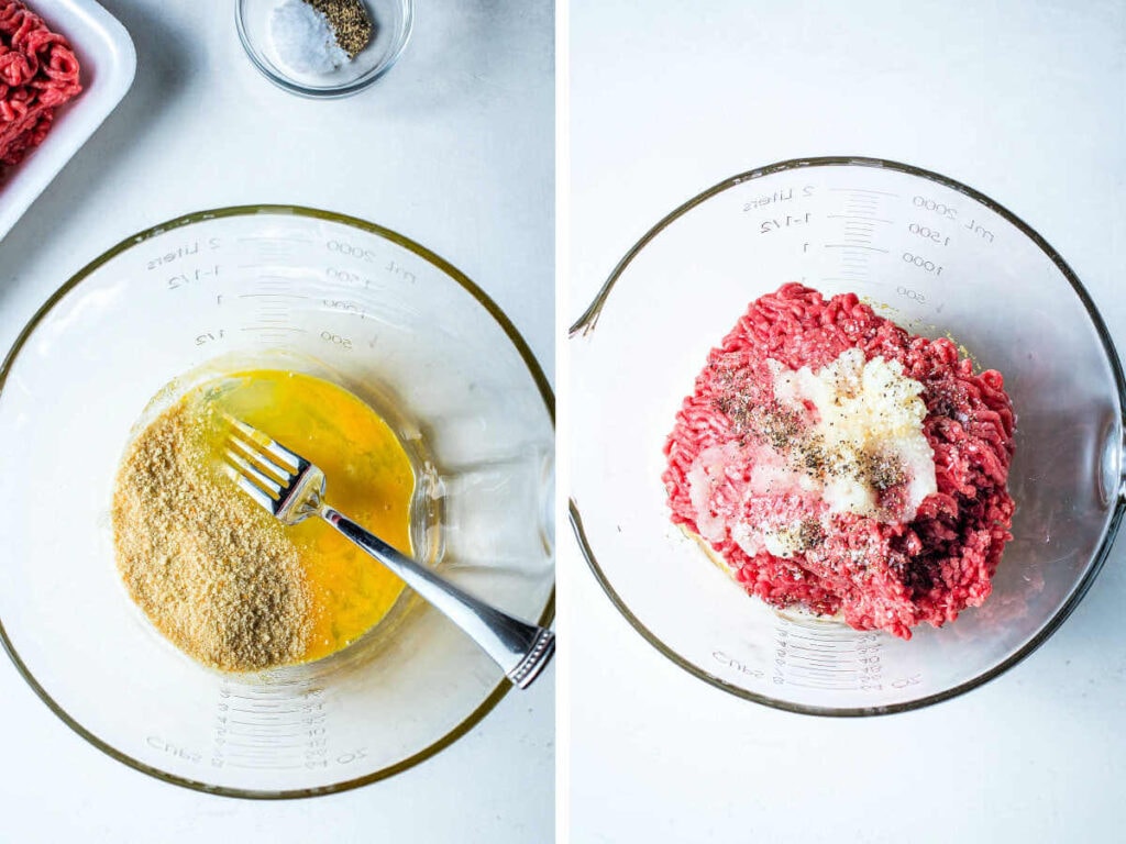 Side by side photos of mixing ground beef with eggs, breadcrumbs and grated onion.