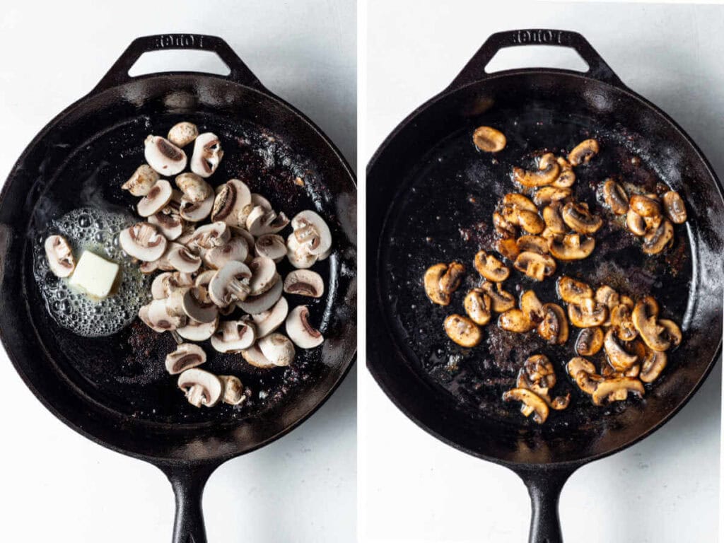 Side by side photos of cooking mushrooms in a cast iron skillet.