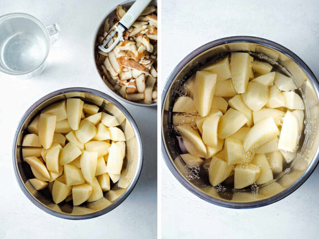 Side by side photos of prepped potatoes covered with water.