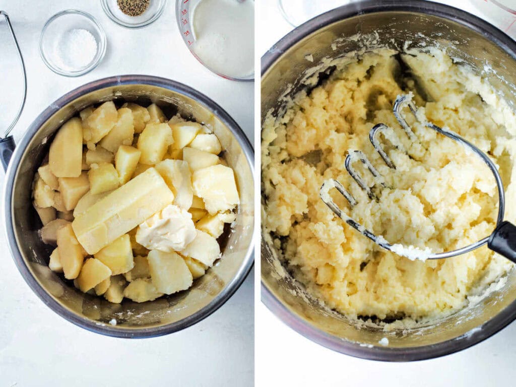 Side by side photos of adding butter and mayonnaise to cooked potatoes and mashing them.
