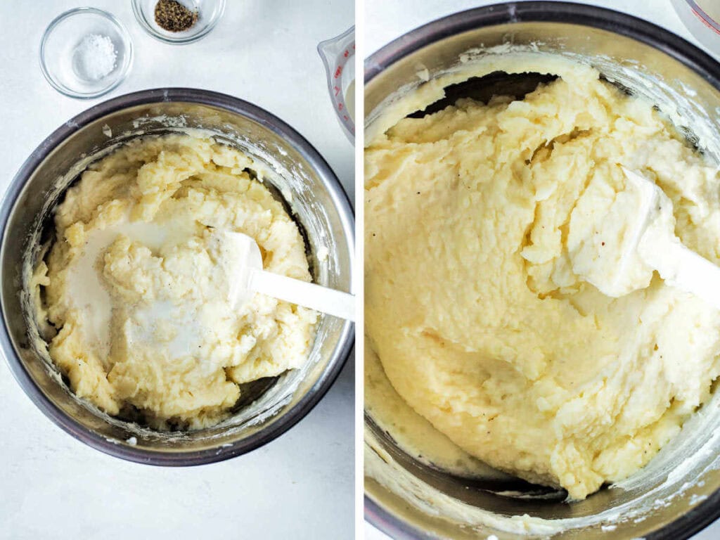 Side by side photos of stirring in warm half and half into the mashed potatoes.