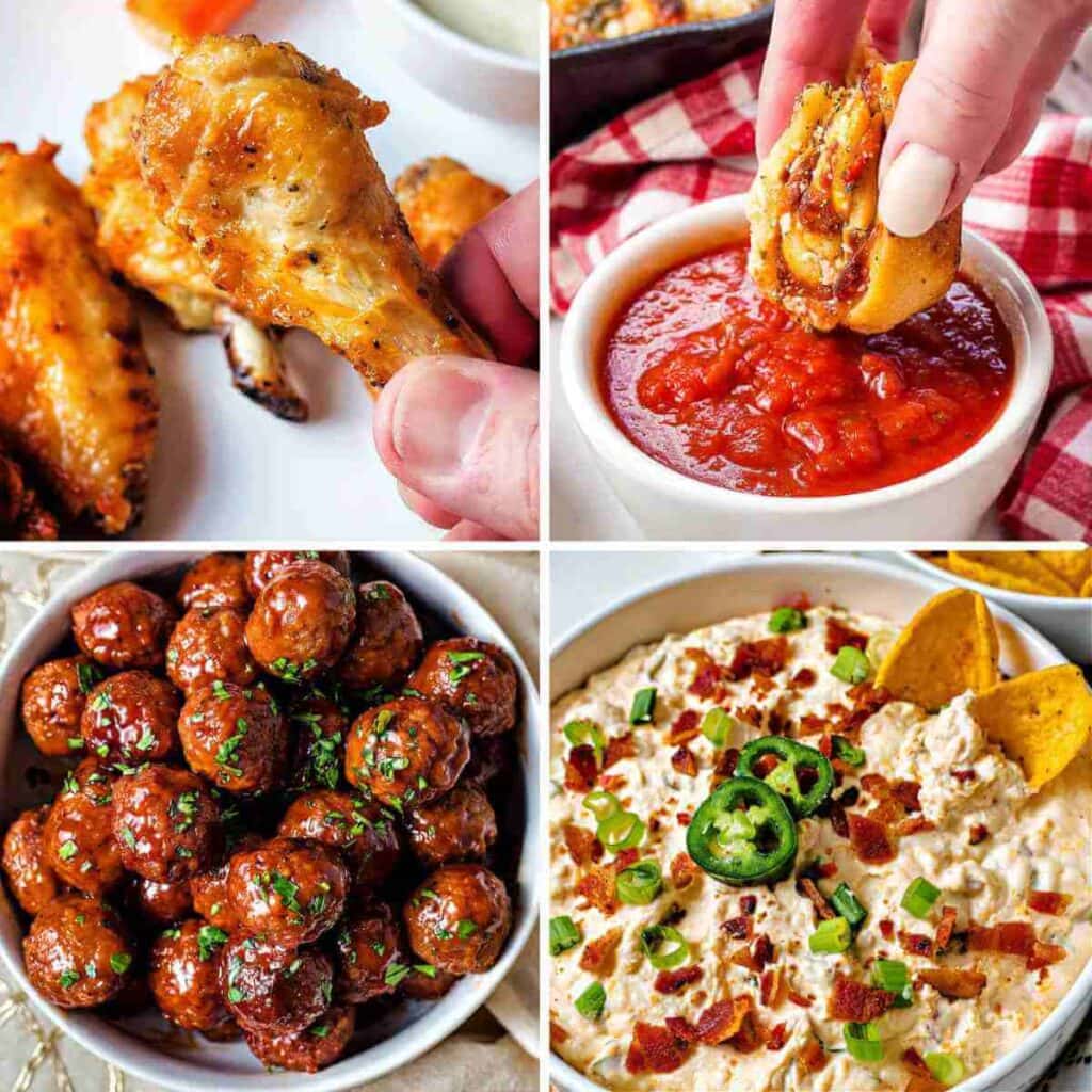 A collage of appetizers for March Madness parties.