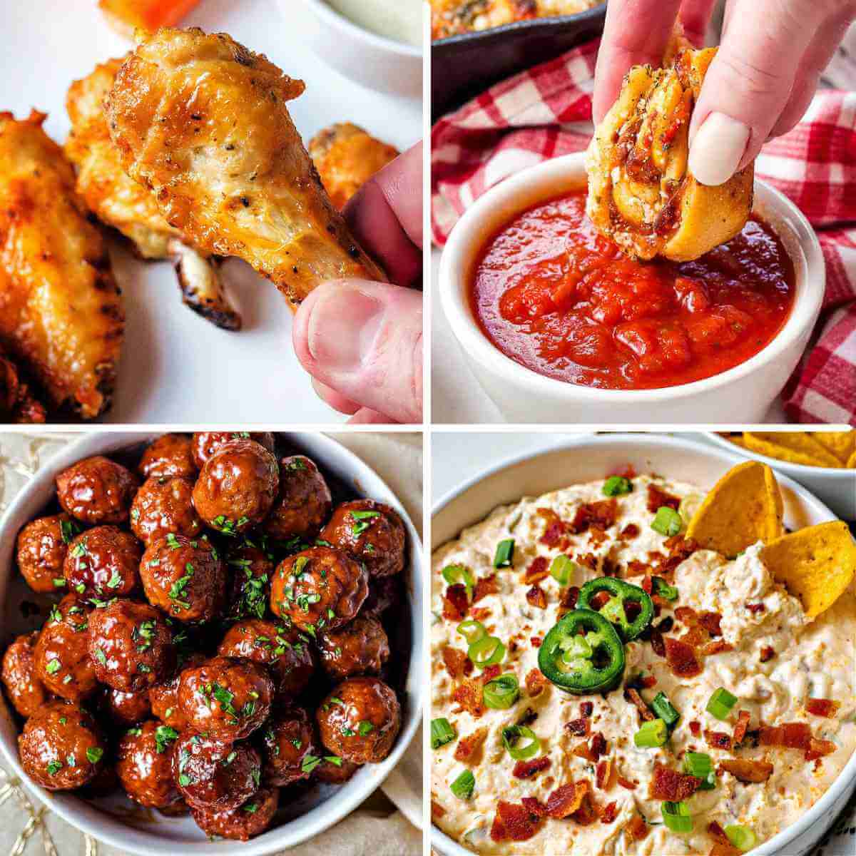 A collage of appetizers for March Madness parties.