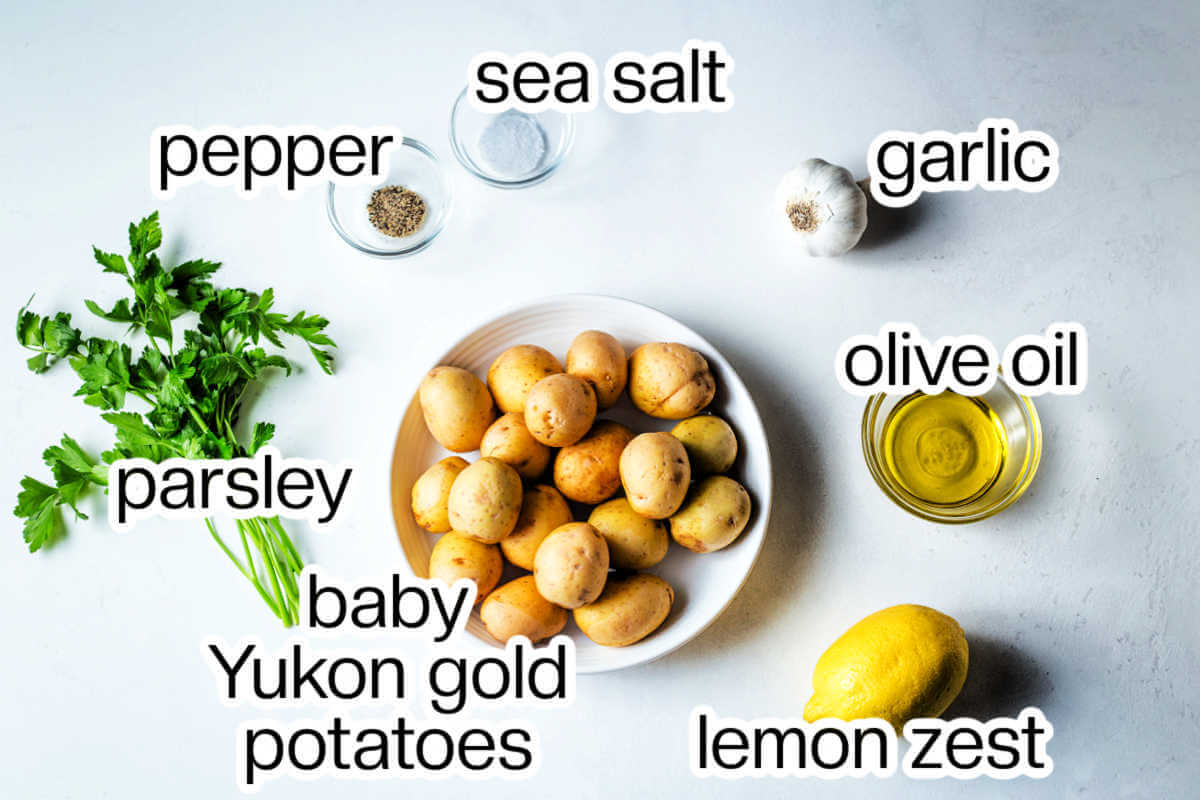 Ingredients needed to make garlic smashed potatoes.