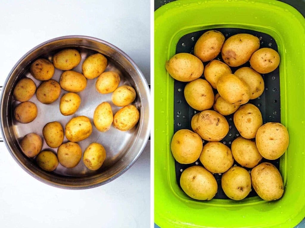 Side by side photos of boiling and draining small potatoes.