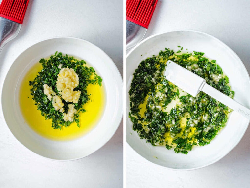 Side by side photos of mixing together olive oil, garlic and parsley.