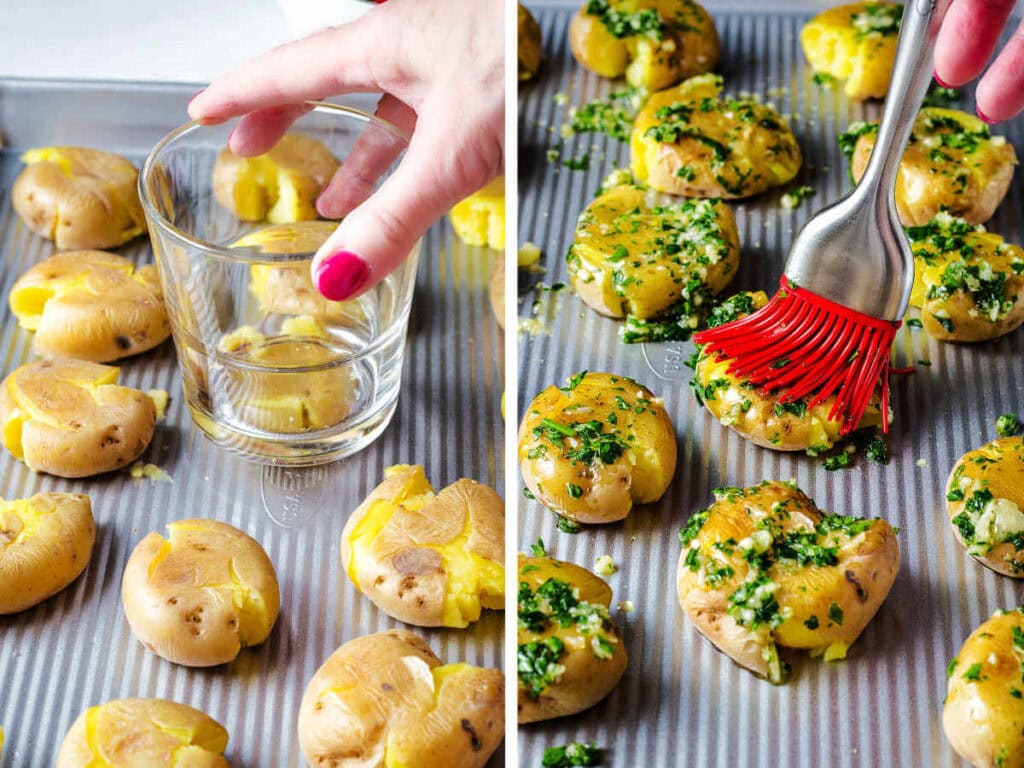 Side by side photos of smashing potatoes and brushing them with garlic olive oil mixture.