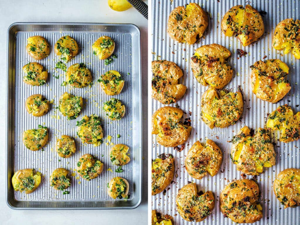 Overhead shot of garlic smashed potatoes on a sheet pan before and after baking.