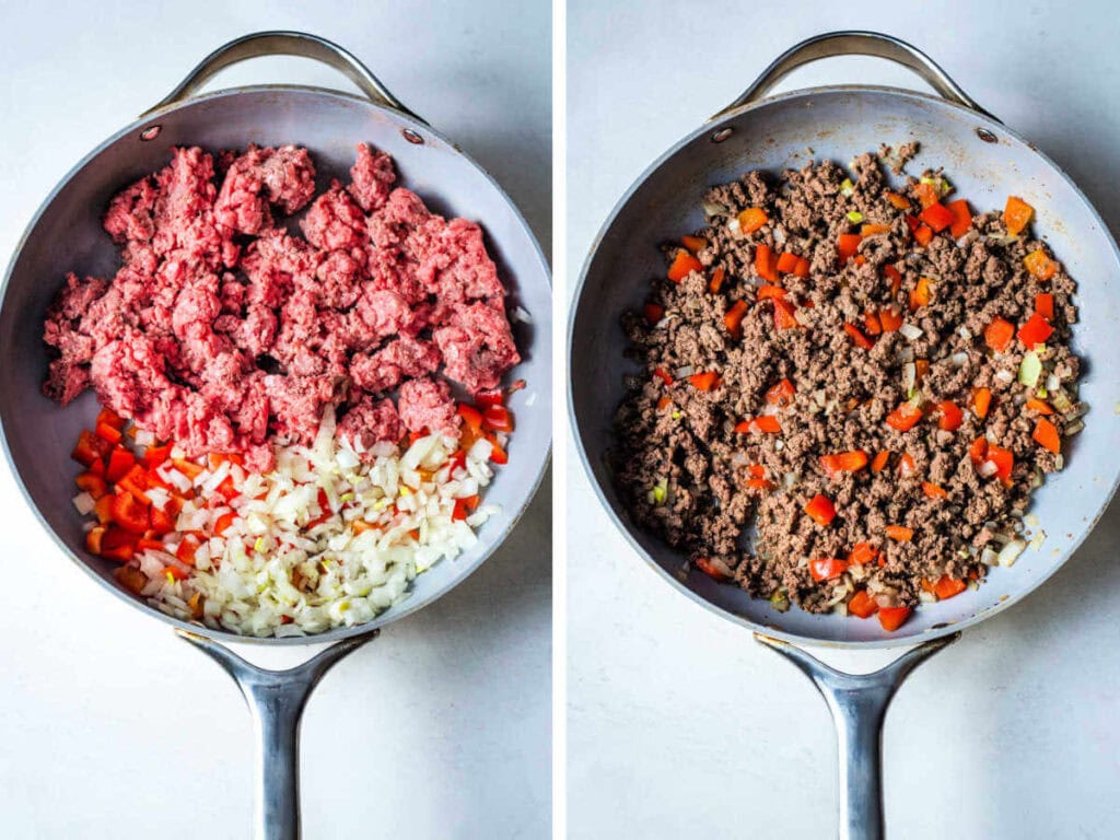 Side by side photos of browning the beef and sauteing the red peppers and onions.