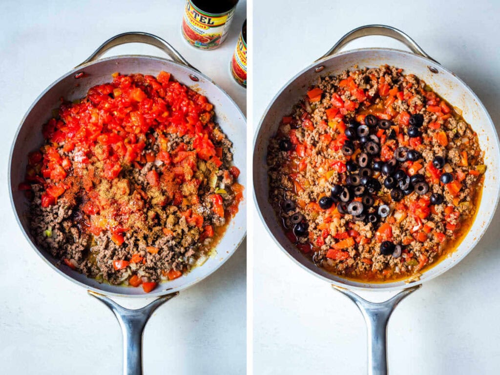 Seasoning the ground beef mixture and adding sliced olives.
