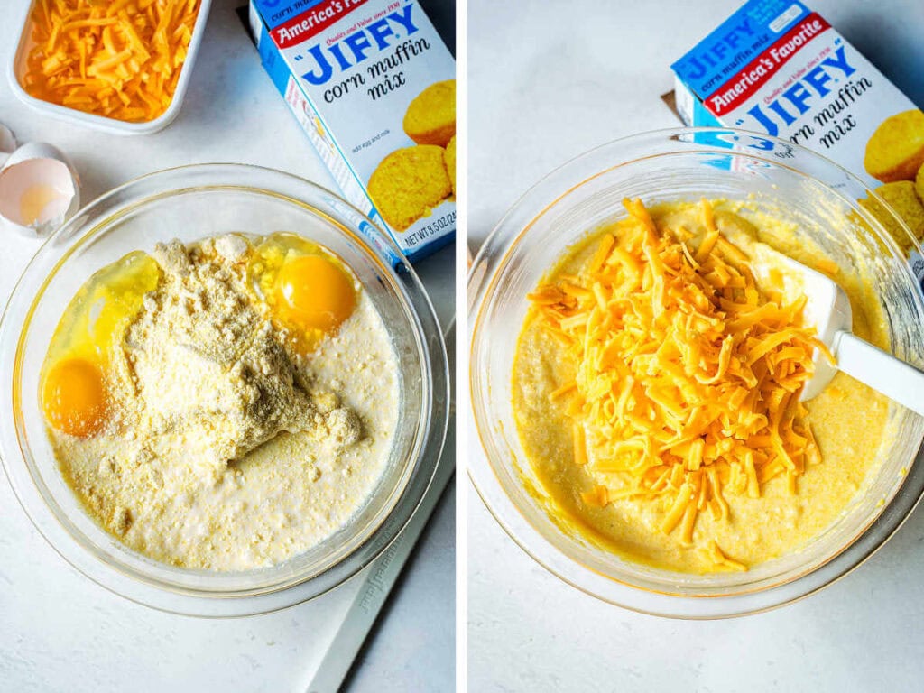 Side by side photos of making cornbread batter and adding cheese to it.