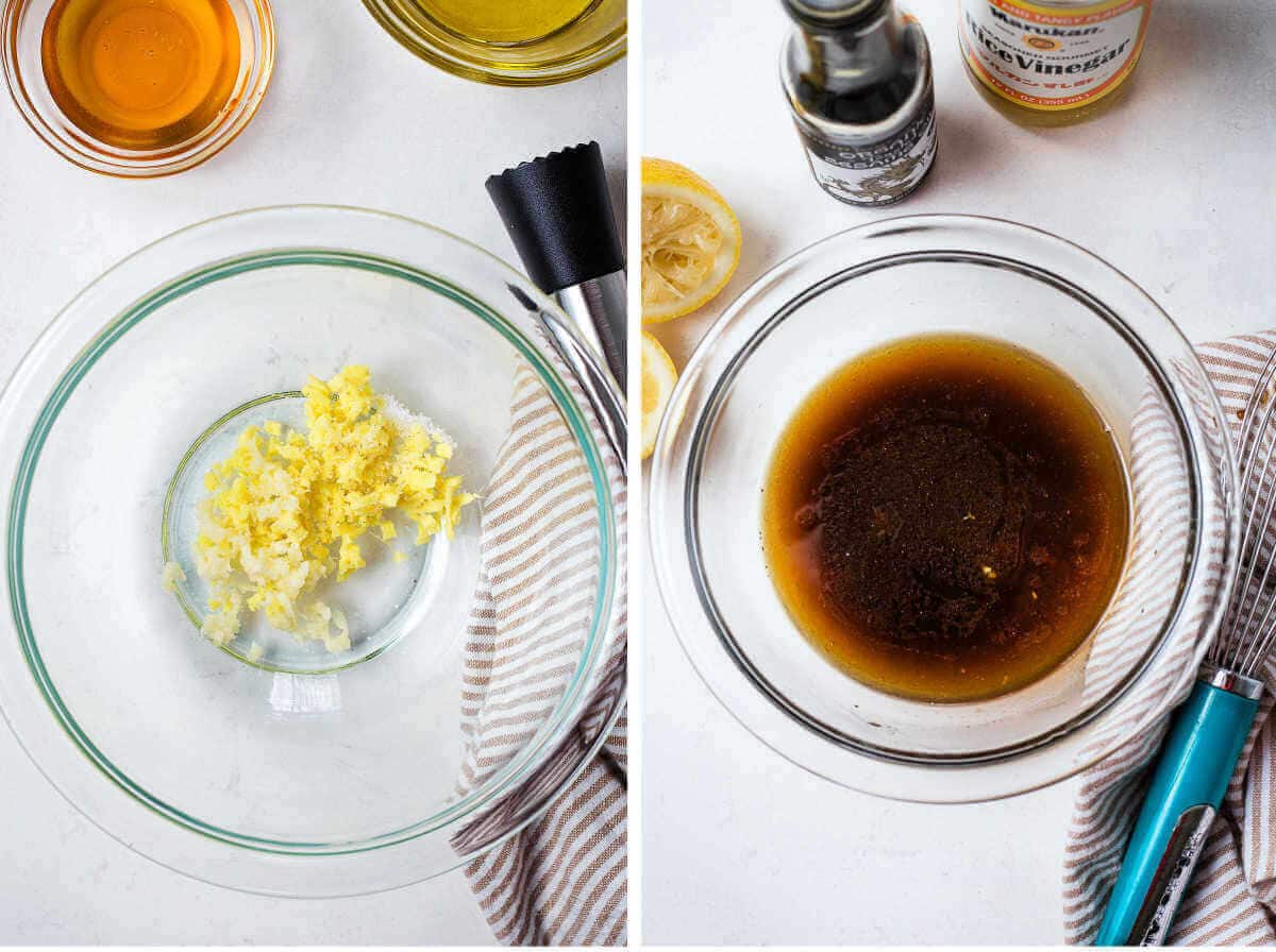 Side by side photos of grated garlic and ginger in a bowl with soy sauce added.