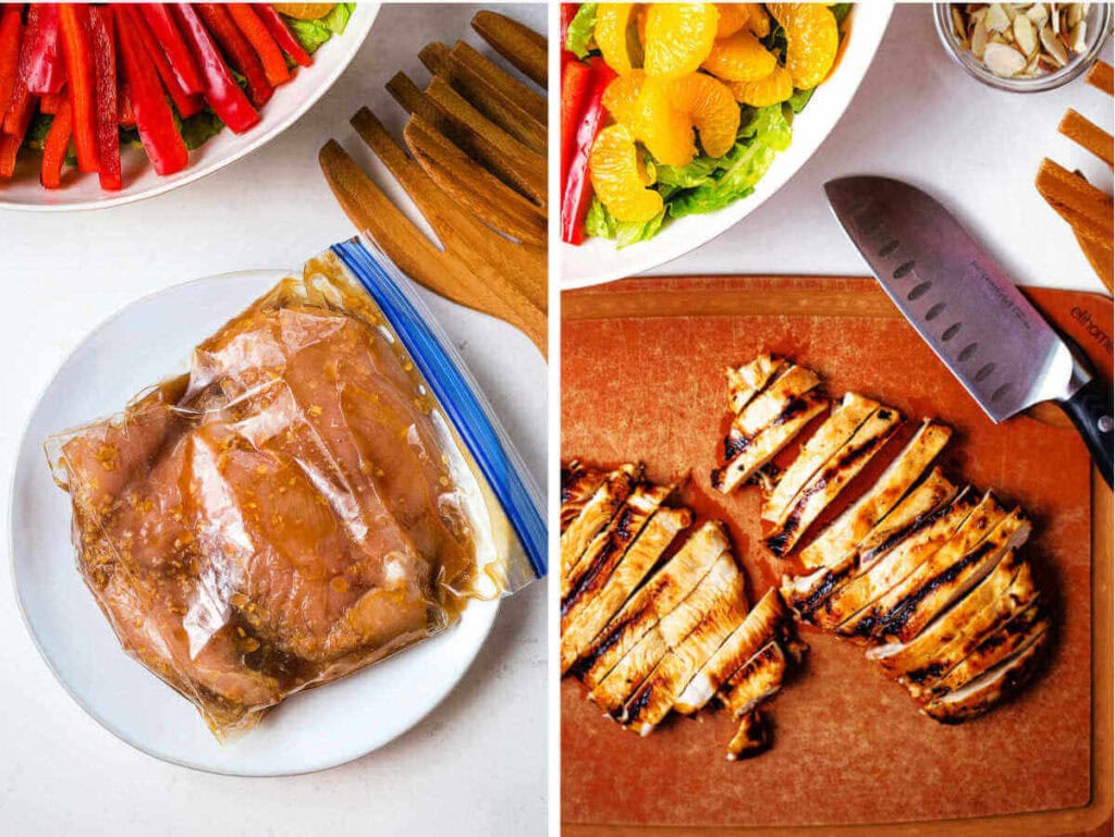 Side by side photos of marinated chicken in a bag and grilled chicken sliced on a cutting board.