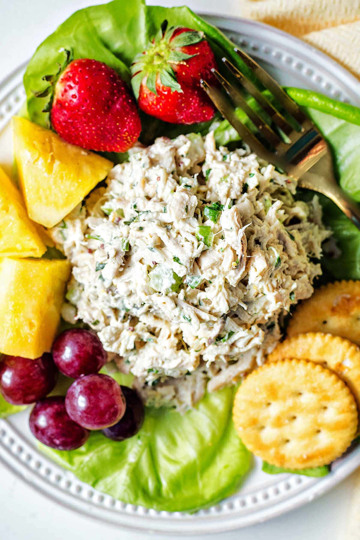 A plate with chicken salad, fresh fruit, and crackers.
