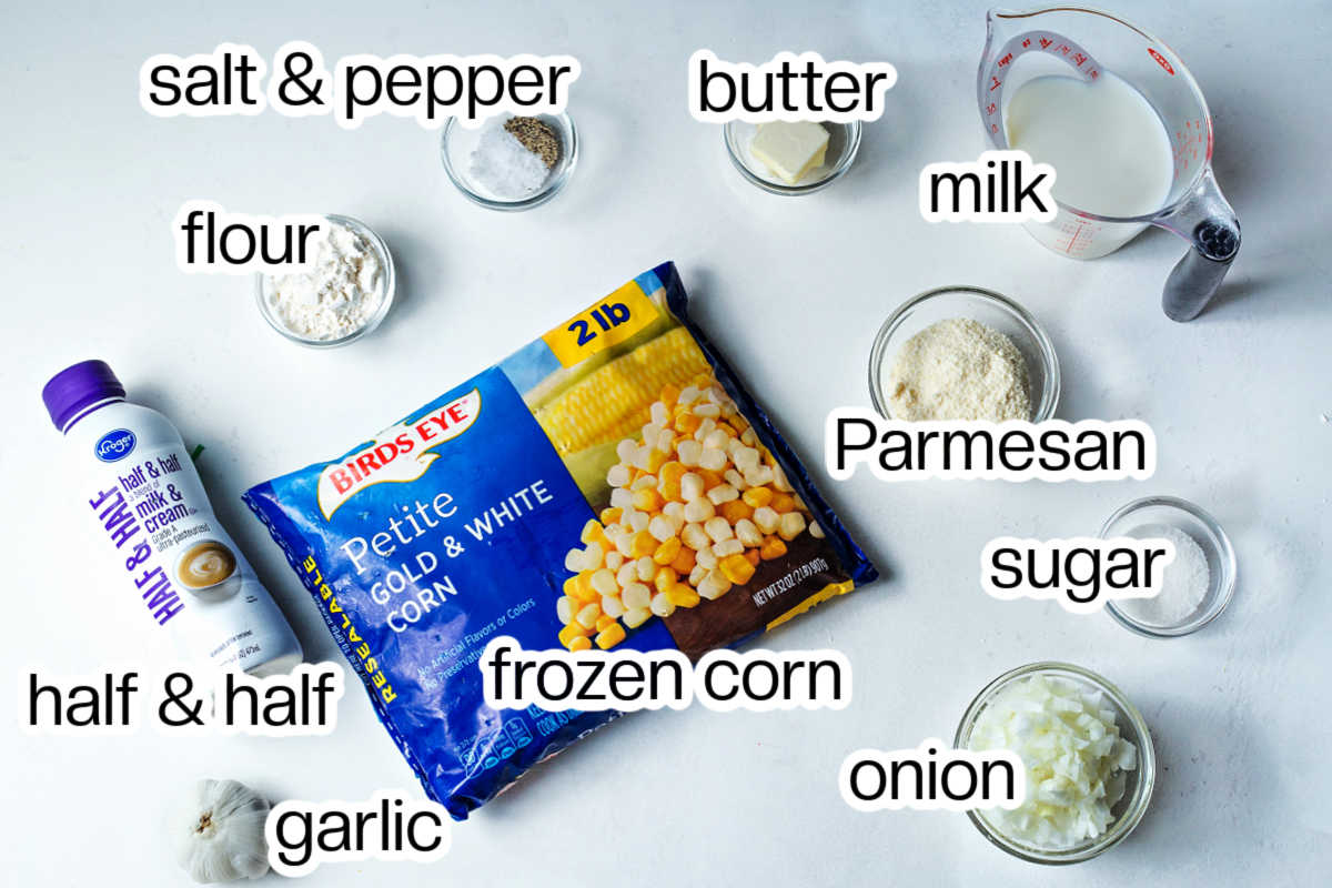 Ingredients needed to make homemade creamed corn.