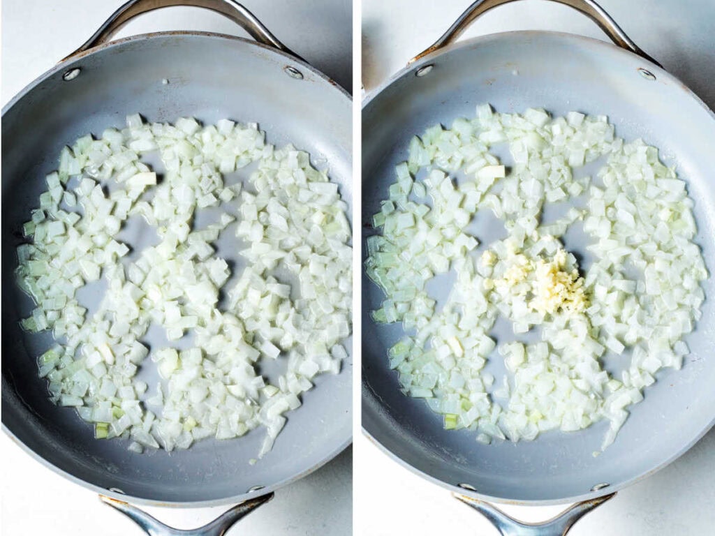 Side by side photos of sauteing onions and garlic in a skillet.