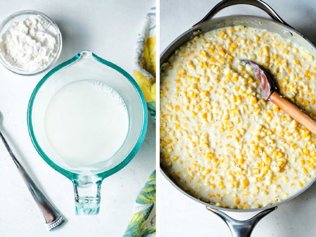 Milk and flour mixed together and added to the creamed corn in a skillet.