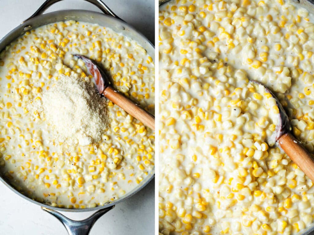 Parmesan added to the creamed corn and stirred with a wooden spoon.