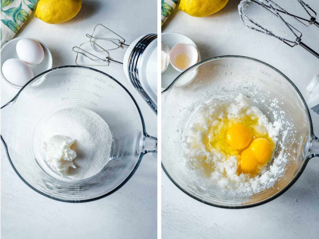 Side by side images showing ingredients in a batter bowl.