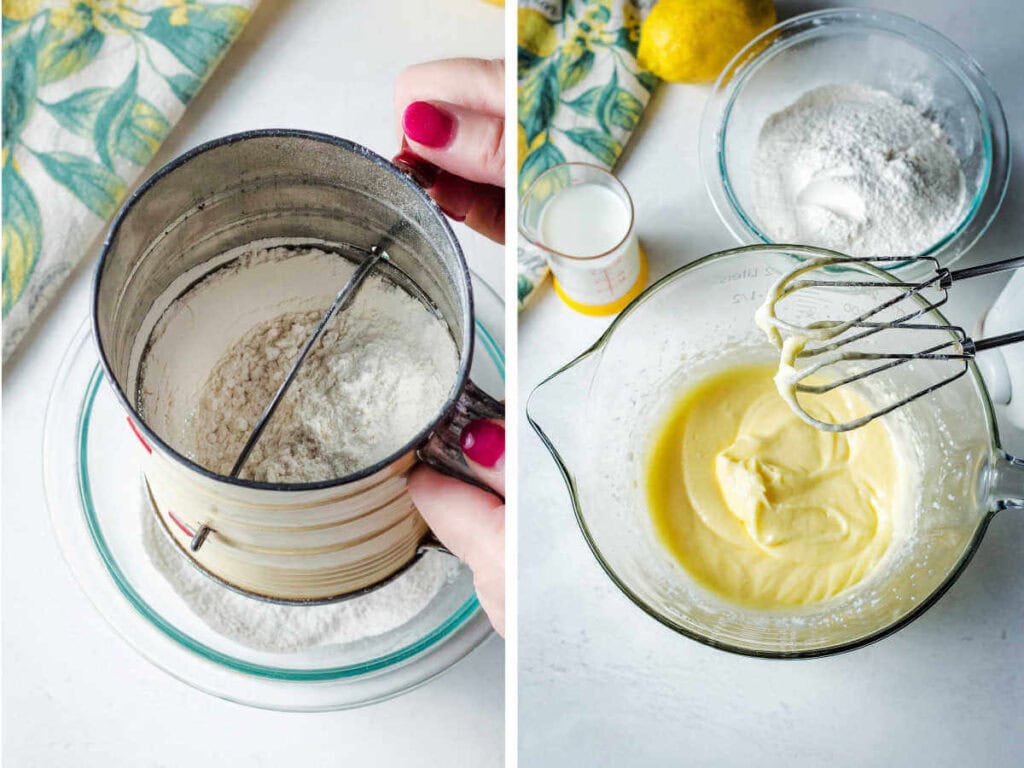 Side by side images showing sifting flour and mixing batter for lemon bread.