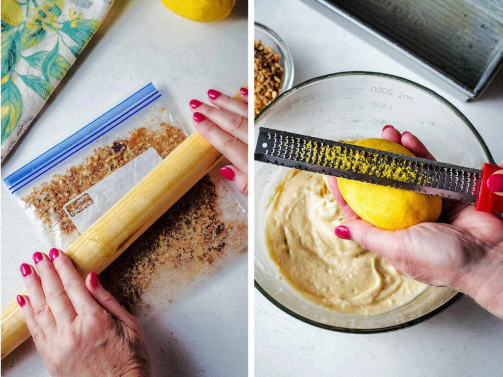 Side by side images showing crushing pecans and zeting a lemon.