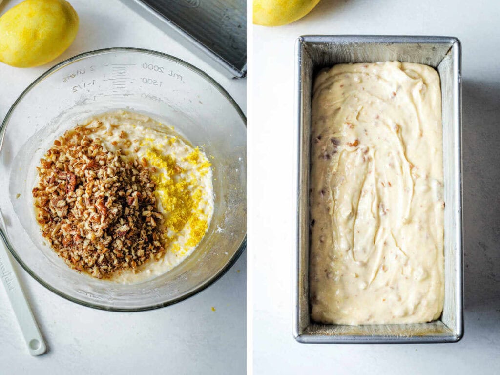 Side by side images showing batter in a bowl and in a loaf pan for baking.