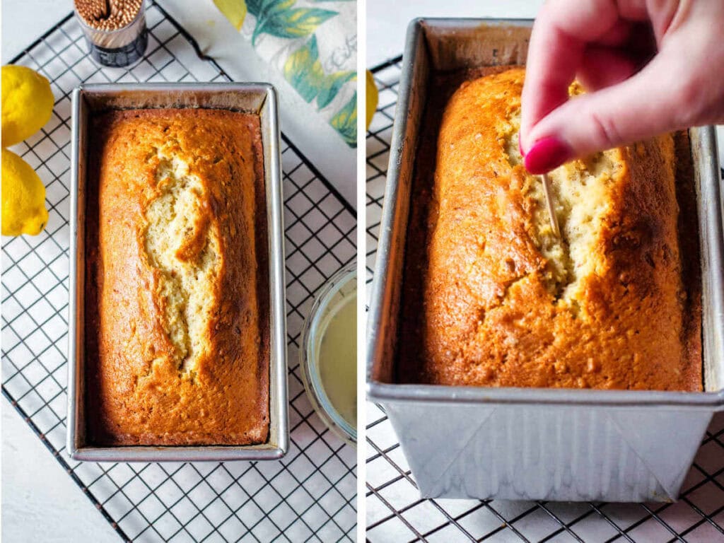 Side by side images showing poking holes in a baked loaf of lemon bread with a toothpick.