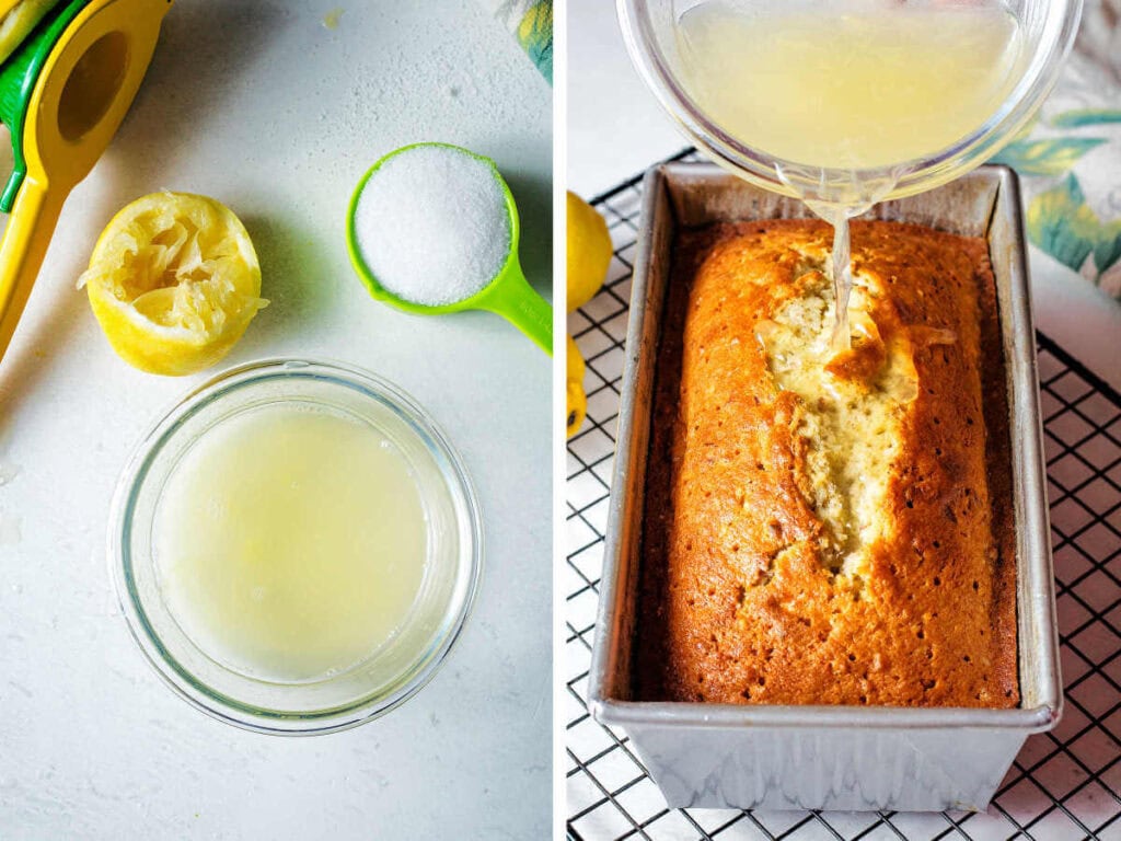 Side by side images showing pouring lemon mixture over baked lemon loaf in a pan.