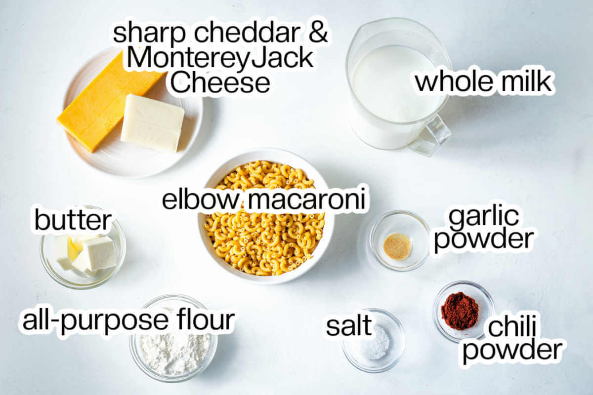 Ingredients needed to make baked macaroni and cheese.