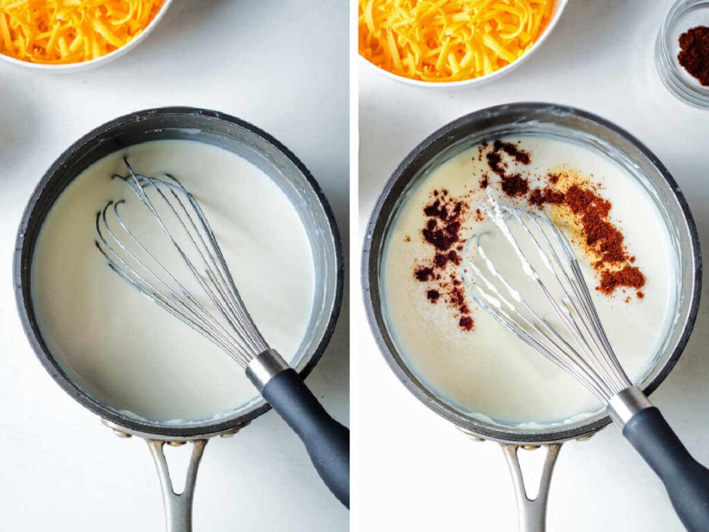 Side by side photos of mixing seasonings into a roux in a saucepan.