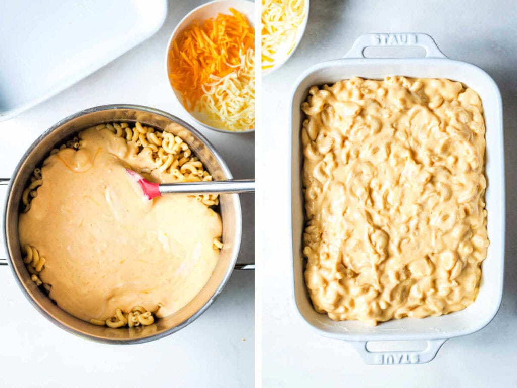 Side by side photos of adding cheese sauce to the noodles and placing it in a baking dish.