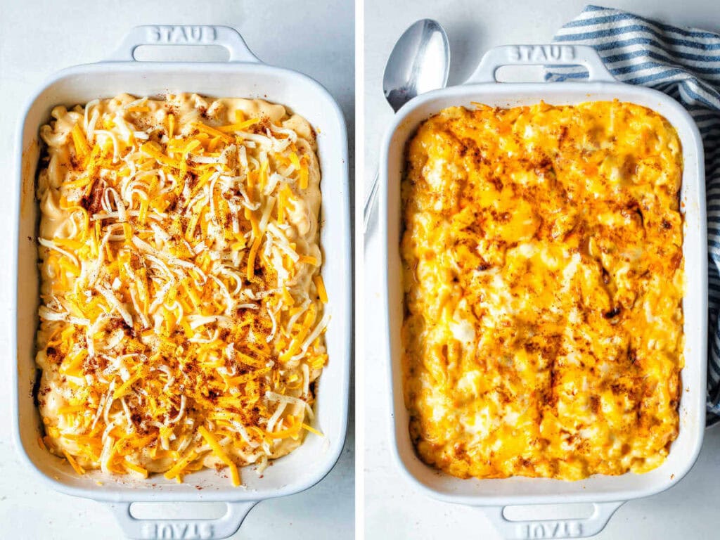 Shredded cheese added to the top of the mac and cheese to bake.