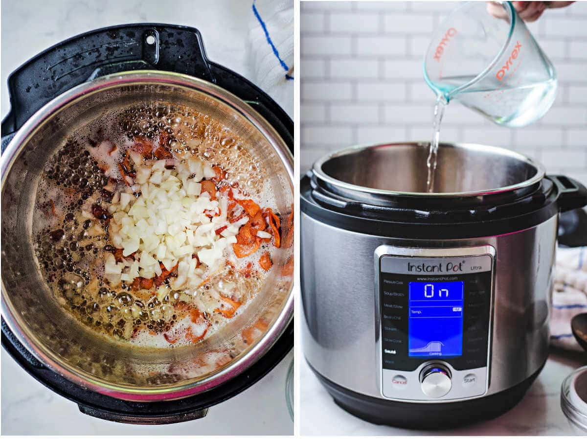 Side by side images of onions and bacon simmering in an instant pot and adding water to the pot.