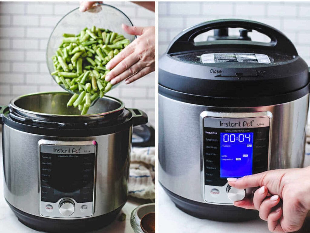 Side by side images of adding greens to an instant pot and setting the cook time.