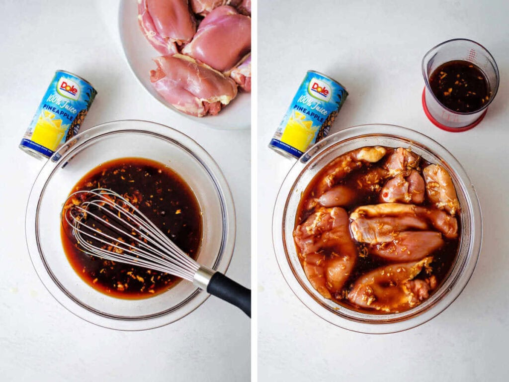 Side by side photos of mixing the huli huli marinade and adding the chicken breasts.