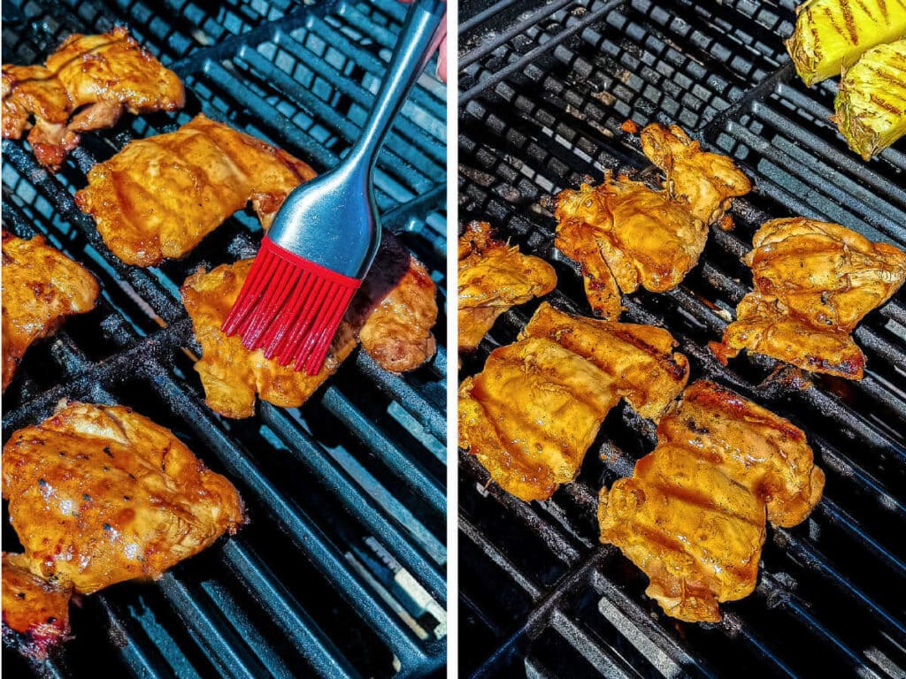 Brushing the huli huli marinade on chicken thighs on the grill.