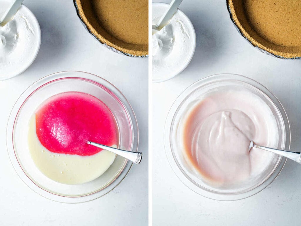 Side by side photos of mixing pink lemonade concentrate and sweetened condensed milk.