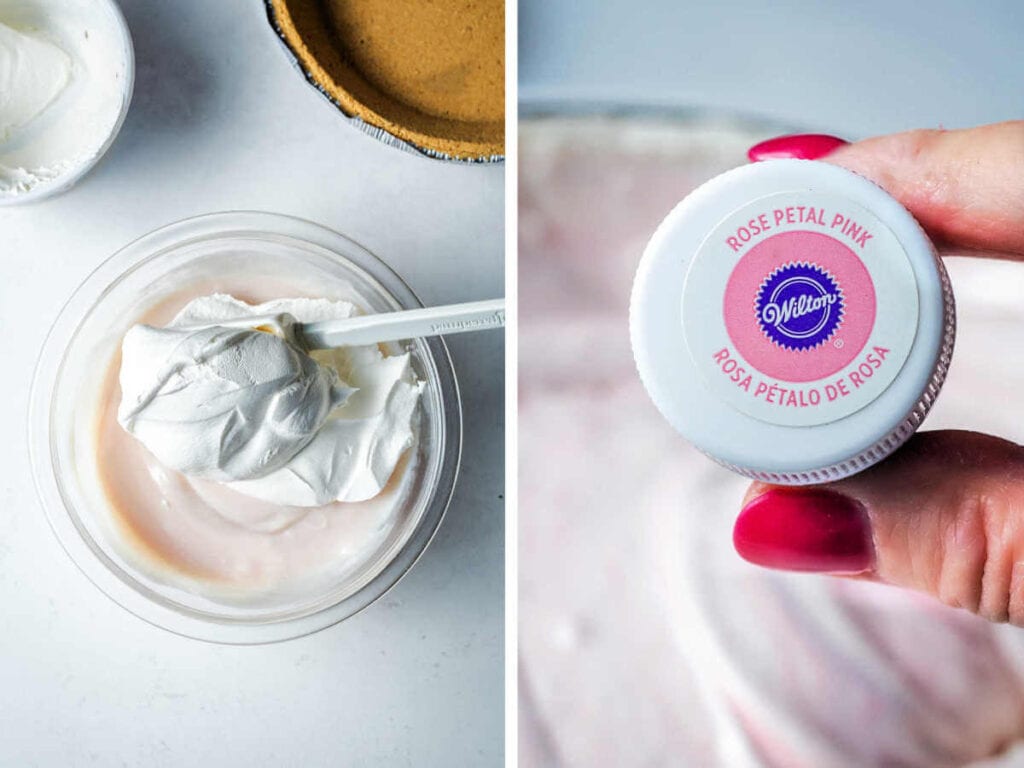 Side by side photos of folding Cool Whip into the lemonade mixture, and a photo of pink food coloring.