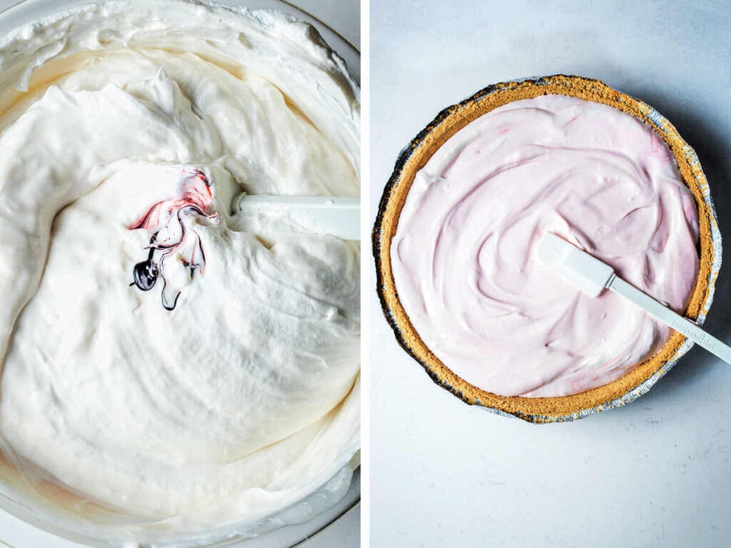 Side by side photos of folding in the food coloring and pouring the lemonade pie mixture into a graham cracker crust.