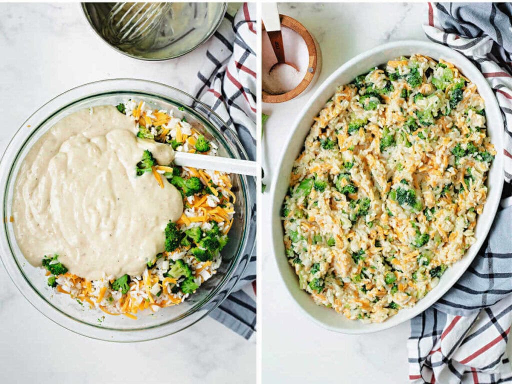 Side by side process steps for making broccoli rice and cheese casserole: 3) mix all ingredients 4) place in casserole dish.