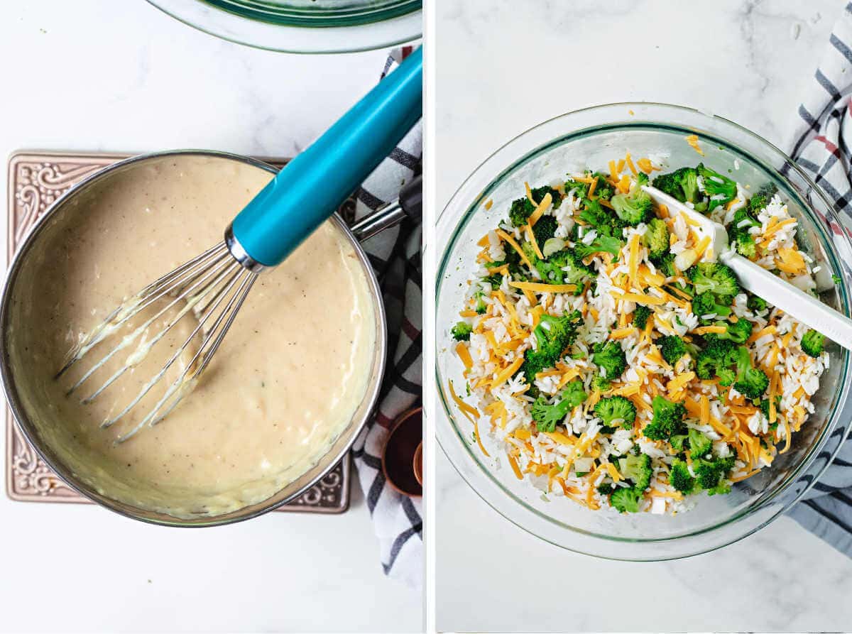 Side by Side process steps for making a broccoli rice casserole: 1) make the cream sauce 2) mix together broccoli, rice, cheese.