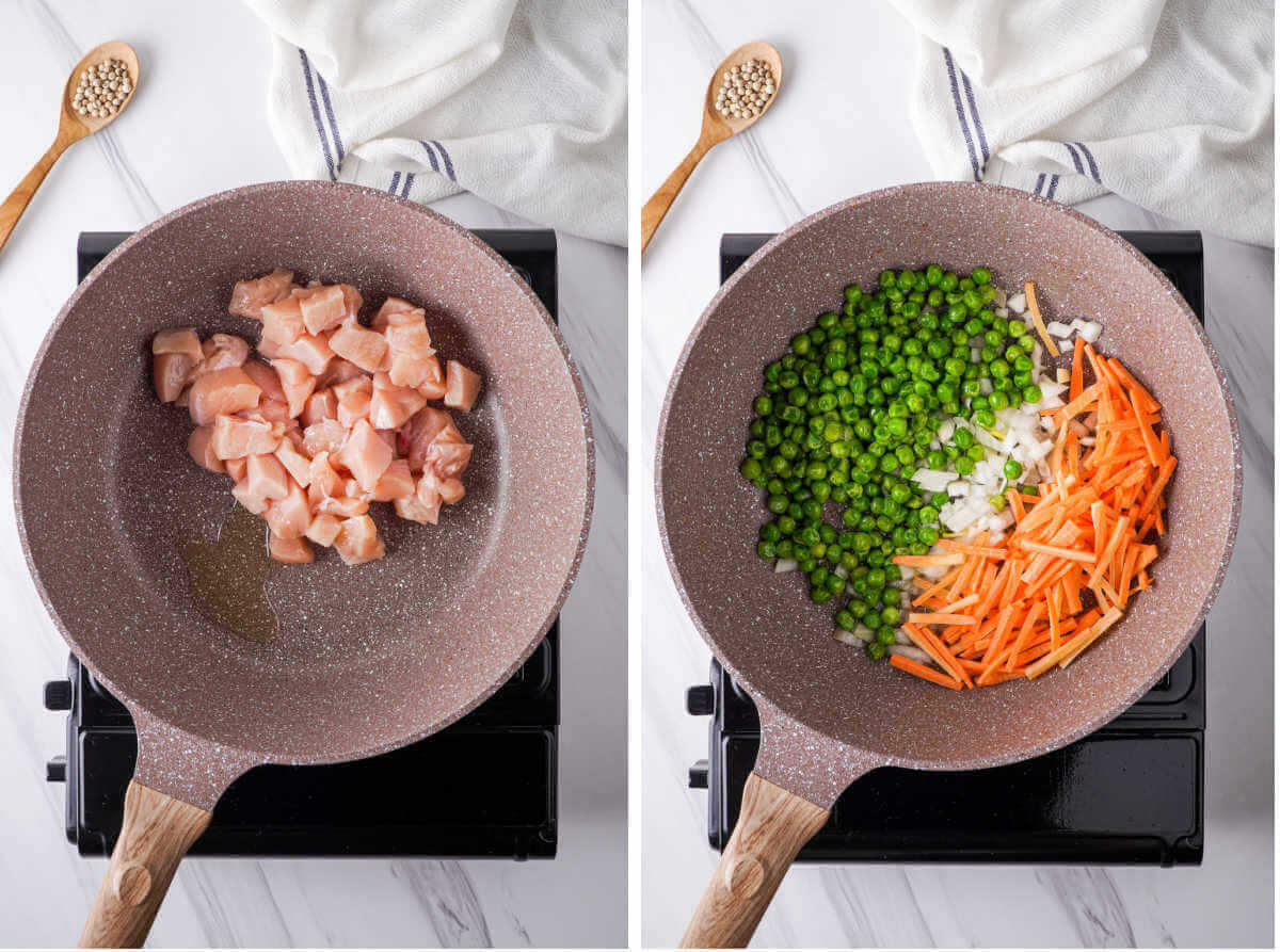 Side by side photos of cooking chicken and veggies in a skillet.
