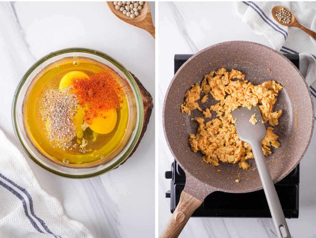 Side by side photos of making scrambled eggs for chicken fried rice.
