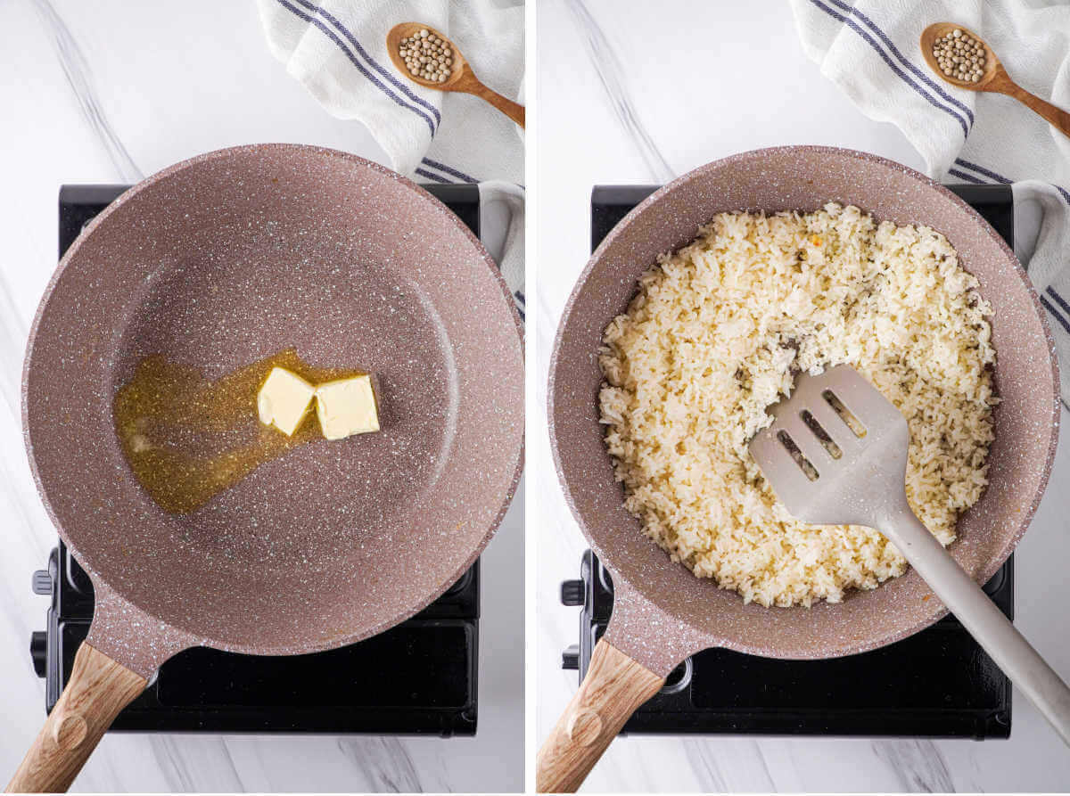 Side by side photos of butter in a skillet and then rice added to the skillet.