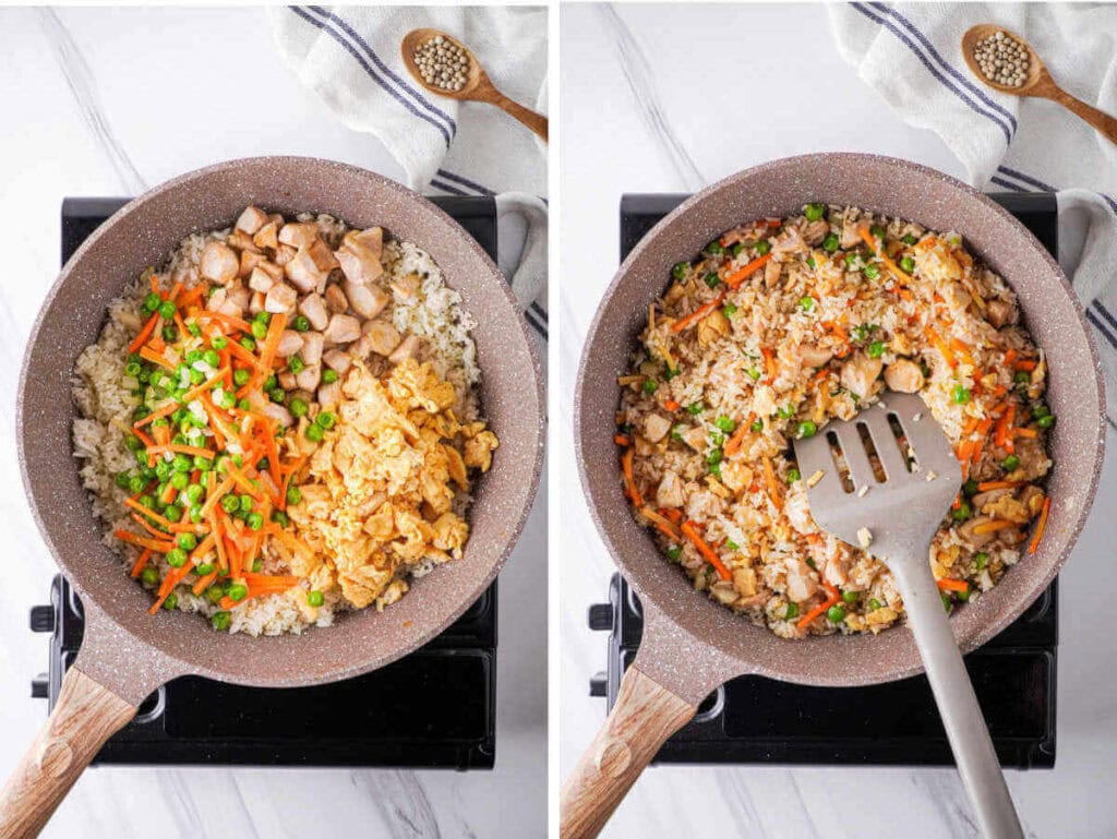 Side by side photos of making chicken fried rice in a skillet.