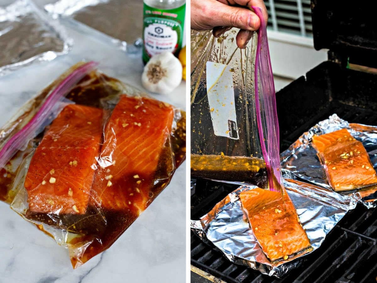 Side by side image of salmon marinating in a ziplock bag and salmon in aluminum foil boats on the grill.