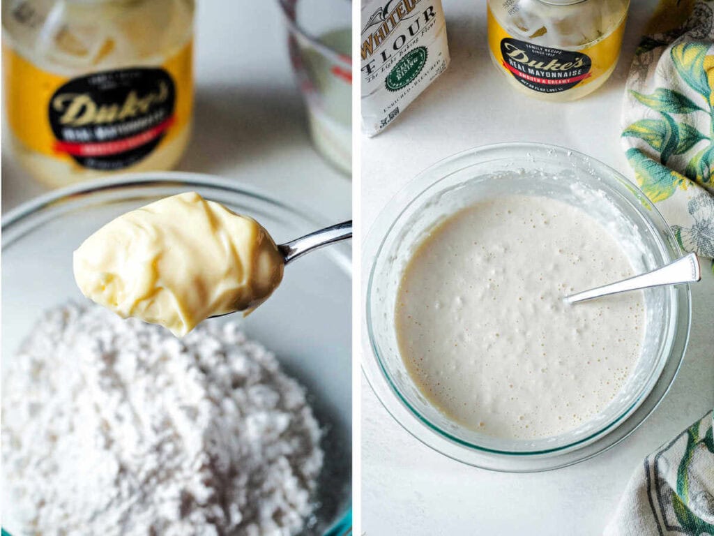 Side by side images of a spoonful of mayonnaise and a bowl of batter.