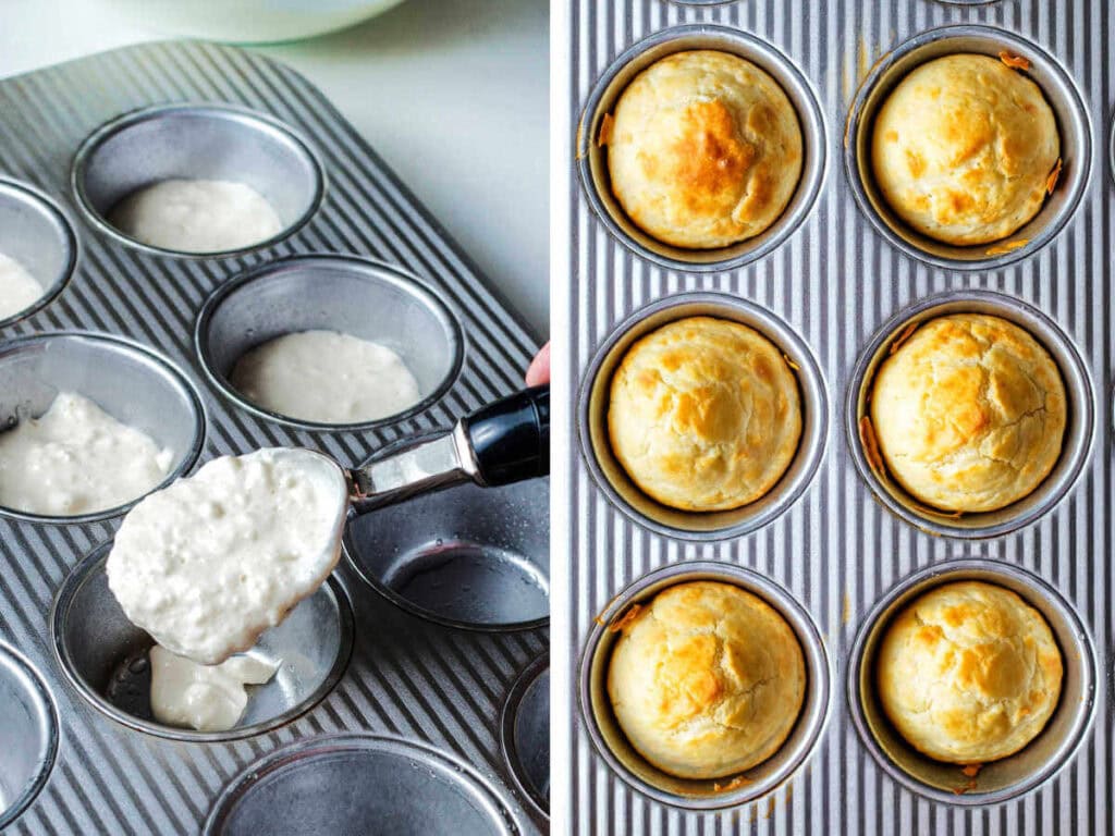 Side by side images of adding batter to a muffin tin and baked mayo rolls in a muffin tin.