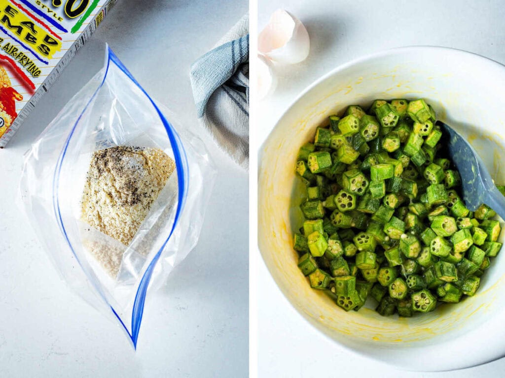Side by side images showing breading ingredients in a ziplock bag and sliced okra in a bowl with eggs.