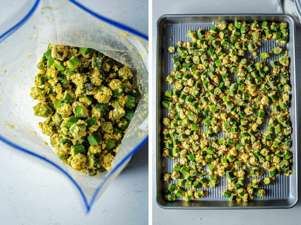 Side by side images showing  with breading and on a baking sheet ready for the oven.